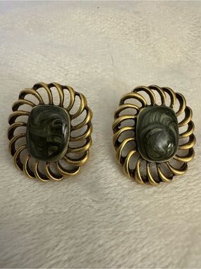 Vintage Gold-Tone Swirl Olive Green Cabochon Earrings